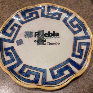 Decorative Plate with Blue and Yellow Greek Key Design